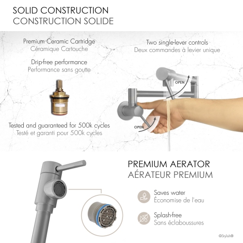 Asti Two Handles Wall Mount with Single Hole Stainless Steel Pot Filler k-145S