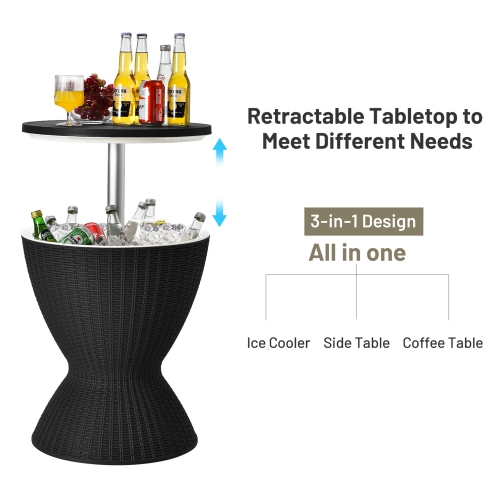Gymax 8-Gal Patio Ice Cooler Bucket Cool Bar Side Table w/ Retractable Tabletop Black/Brown