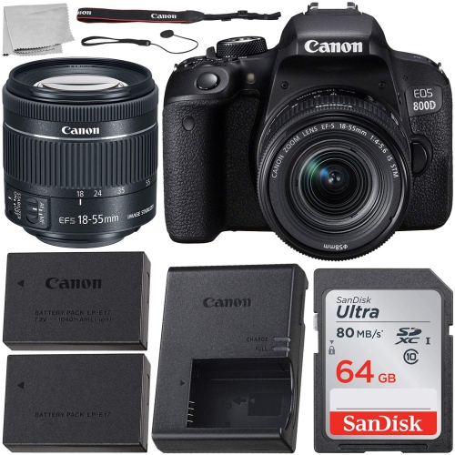 Canon EOS 800D EF-S 18-55 mm f/4-5.6 is STM Lens Kit + Includes Free SanDisk Ultra 64GB SDXC Memory Card + Extended Life Replacement Batte - US Versi