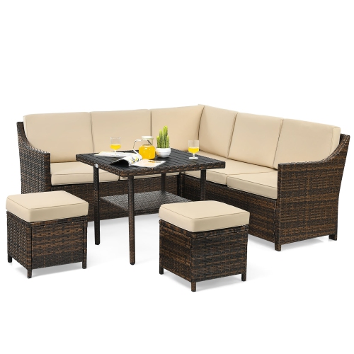 Costway 6PCS Patio Rattan Dining Sofa Furniture Set Ottoman Table Lower Shelf