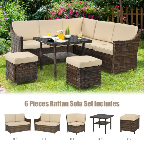 Costway 6PCS Patio Rattan Dining Sofa Furniture Set Ottoman Table Lower Shelf