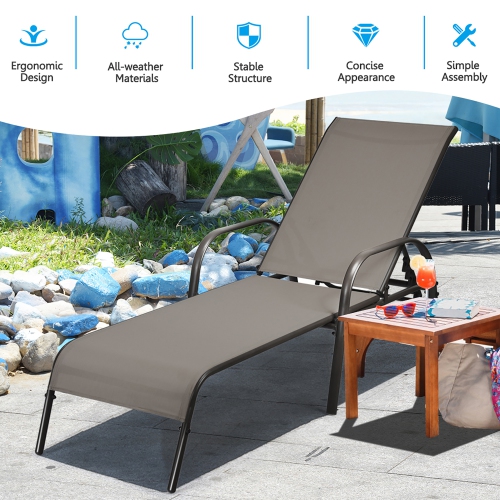 Costway 2 PCS Patio Lounge Chair Chaise Adjustable Reclining Armrest Brown