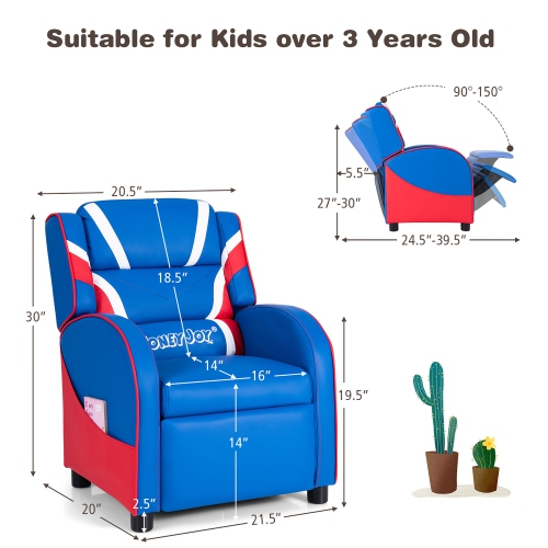 Costway Kids Recliner Chair Gaming Sofa PU Leather Armchair w/Side Pockets