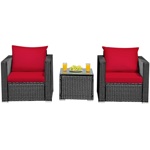 Costway 3PCS Patio Rattan Wicker Furniture Set Sofa Table W/Cushion Yard