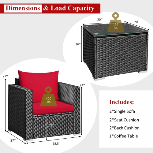 Costway 3PCS Patio Rattan Wicker Furniture Set Sofa Table W/Cushion Yard