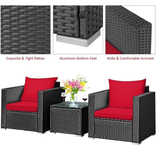 Costway 3PCS Patio Rattan Wicker Furniture Set Sofa Table W/Cushion Yard