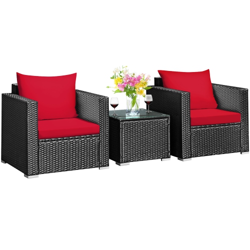 Costway 3PCS Patio Rattan Wicker Furniture Set Sofa Table W/Cushion Yard