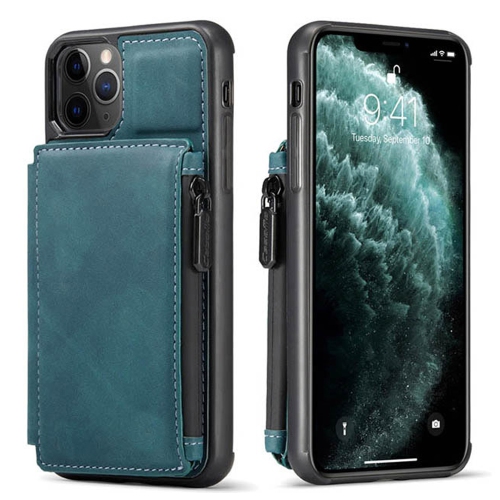 PU Leather Zipper Card Holder Wallet Back Case Cover For Apple iPhone 11 Pro Max - Blue