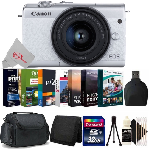 Canon EOS M200 Mirrorless Digital Camera White with 15-45mm Lens + 32GB Memory Card + Wallet + Reader + Photo Editor Bundle Software + Case + Mini Tripod + 3pc Cleaning Kit