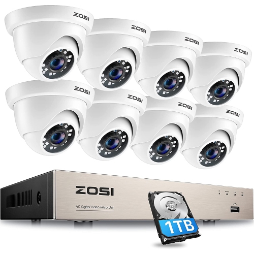 ZOSI 8-Cam Security Camera System with 8-Channel 1TB HDD H.265+ DVR Recorder, 1080P 8pcs Dome Outdoor Cameras, 80ft Night Vision, Remote Access,
