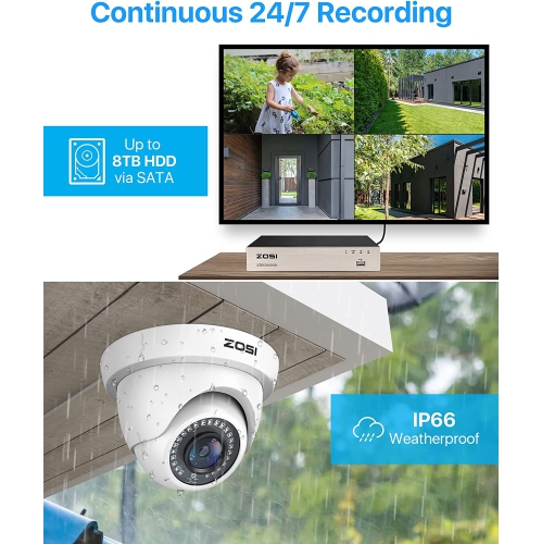 ZOSI 8-Cam Security Camera System with 8-Channel 1TB HDD H.265+ DVR Recorder, 1080P 8pcs Dome Outdoor Cameras, 80ft Night Vision, Remote Access,