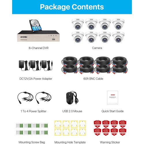 ZOSI 8-Cam Security Camera System with 8-Channel 1TB HDD H.265+ DVR Recorder, 1080P 8pcs Dome Outdoor Cameras, 80ft Night Vision, Remote Access,