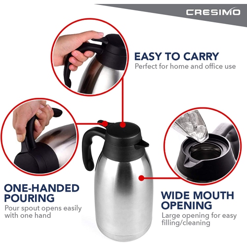 Cresimo 2 Litre Stainless Steel Thermal Coffee Carafe Double Walled Vacuum Flask