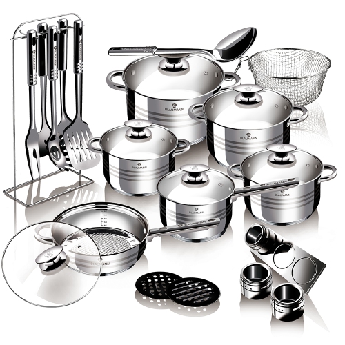 Blauman 27-Piece Jumbo Stainless Steel Cookware Set with Cooking Pots and Frying Pans, Kitchen Utensils, and Glass Lid Covers, Lead and PFOA Free