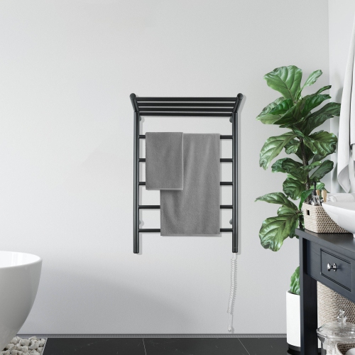 Ancona Miazzo 5-Bar Electric Wall Mount Plug-In and Hardwire Towel Warmer with Shelf in Matte Black