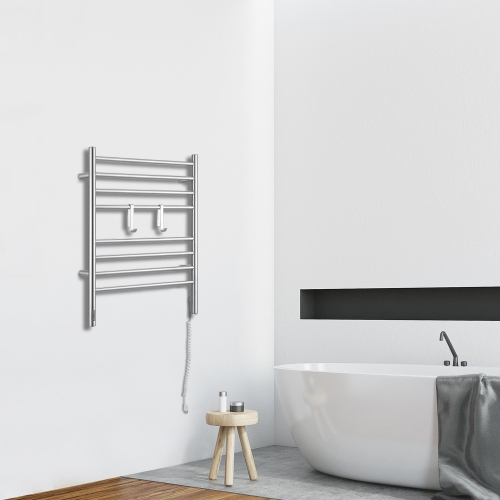 Ancona Prestige OBT 8-Bar Wall Mounted Towel Warmer with Integrated On-Board Timer and Hooks in Brushed Stainless Steel