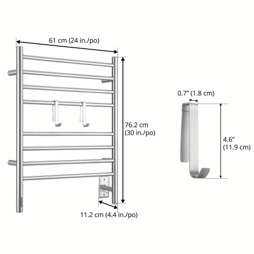 Ancona Prestige OBT 8-Bar Wall Mounted Towel Warmer with Integrated On-Board Timer and Hooks in Brushed Stainless Steel