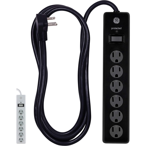 GE 6 Outlet Surge Protector, 10 Ft Extension Cord, Power Strip, 600 Joules, Twist-to-Close Safety Covers, Black, 37442 - axGear