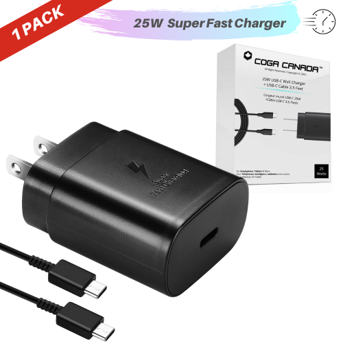 COGA Canada - 25W Super Fast Wall Charger + USB-C 3.5 Cable Samsung Galaxy S20/S21/S21+/S21Ultra/S10 5G /Note 10/Note 10 Plus/Note 20/S9 S8/S10e,iPad