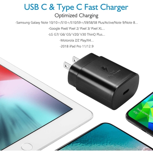 COGA Canada - 25W Super Fast Wall Charger + USB-C 3.5 Cable Samsung Galaxy S20/S21/S21+/S21Ultra/S10 5G /Note 10/Note 10 Plus/Note 20/S9 S8/S10e,iPad