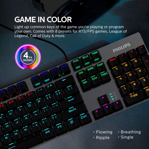 Philips Wired Mechanical RGB Gaming Keyboard | 16 Ambiglow Chroma FX & Customizable Key Light Maps | Anti-Ghosting, N-Key Rollover | Quick-Trigger,