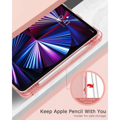 MoKo Case Fit New iPad Pro 11 Inch Case 2021 with Apple Pencil Holder, Soft TPU Smart Trifold Stand Translucent Ba