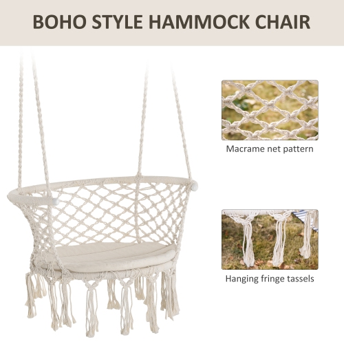 Chaise-hamac suspendue Outsunny, balancelle en corde de coton avec coussin et cadre en métal, grand siège à macrame pour terrasse, jardin, chambre à
