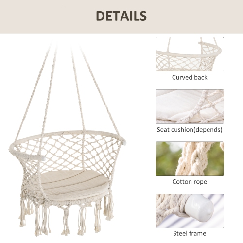 Chaise-hamac suspendue Outsunny, balancelle en corde de coton avec coussin et cadre en métal, grand siège à macrame pour terrasse, jardin, chambre à
