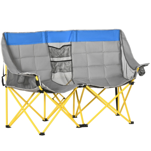 Outsunny 62" W Double Seat Camping Chair Folding Lawn Loveseat w/ Storage Pocket & Cup Holder Compact in a Bag for Outdoor, Beach, Picnic, Hiking, Tr