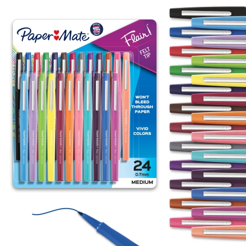 Paper Mate – Stylos Flair à pointe en feutre, pointe moyenne, couleurs variées, paq. 24