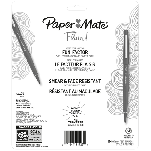 Paper Mate – Stylos Flair à pointe en feutre, pointe moyenne, couleurs variées, paq. 24