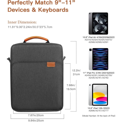 9-11 Inch Tablet Sleeve Bag Case with Handle & Shoulder Strap for 11-inch iPad Pro M4, iPad Air M2/5/4, iPad 10th/9/8/7th, iPad 10.2/10.9, Galaxy Tab