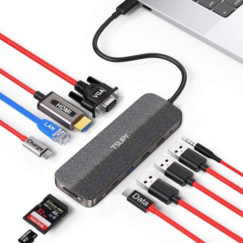 TSUPY USB C Hub 11 in 1 USB C to HDMI 4K Dual Display VGA Ethernet USB C PD100w / Data 3 USB Audio Jack SD Micro SD Card Rea