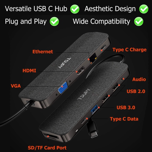 TSUPY USB C Hub 11 in 1 USB C to HDMI 4K Dual Display VGA Ethernet USB C PD100w / Data 3 USB Audio Jack SD Micro SD Card Rea