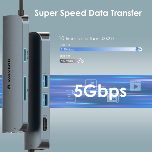 USB C Hub Mini Dock, Wavlink USB C Adapter with 4K HDMI, VGA, Ethernet, 2 USB 3.0 Ports,SD Card Reader with 65W PD3.0 Chargi