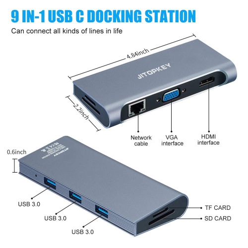 JITOPKEY USB C Docking Station, 9 in 1 USB C Hub Dual to HDMI 4K Display, HDMI, VGA, 1000Mbps, MicroSD and TF Card Reader, 3