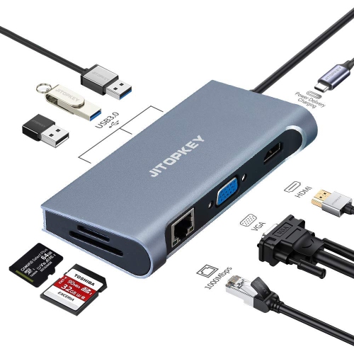 JITOPKEY USB C Docking Station, 9 in 1 USB C Hub Dual to HDMI 4K Display, HDMI, VGA, 1000Mbps, MicroSD and TF Card Reader, 3