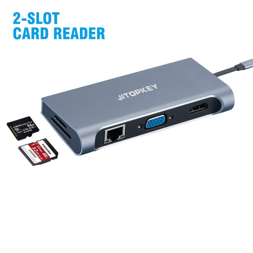 JITOPKEY USB C Docking Station, 9 in 1 USB C Hub Dual to HDMI 4K Display, HDMI, VGA, 1000Mbps, MicroSD and TF Card Reader, 3