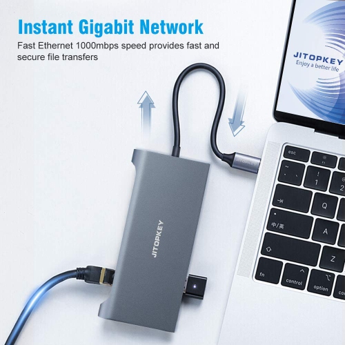 JITOPKEY USB C Docking Station, 9 in 1 USB C Hub Dual to HDMI 4K Display, HDMI, VGA, 1000Mbps, MicroSD and TF Card Reader, 3