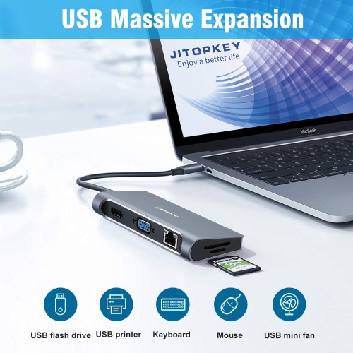 JITOPKEY USB C Docking Station, 9 in 1 USB C Hub Dual to HDMI 4K Display, HDMI, VGA, 1000Mbps, MicroSD and TF Card Reader, 3