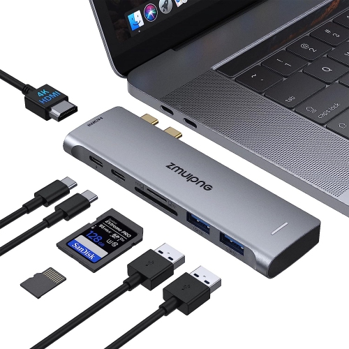 Concentrateur USB-C, adaptateur MacBook Pro avec HDMI 4K, port de puissance  de sortie Thunderbolt 3 de 100 W, port de données USB-C de 5 Gb/s, lecteur  de cartes SD/TF