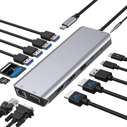 Concentrateur USB-C 14-en-1 et station d’accueil avec deux ports HDMI 4K, Ethernet, VGA, 4 ports USB 3.0, 1 port USB 2.0 et lecteur de cartes SD comp