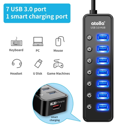 Atolla 7-Port USB 3.0 Hub with Smart Charging Port & Individual On/Off Switches