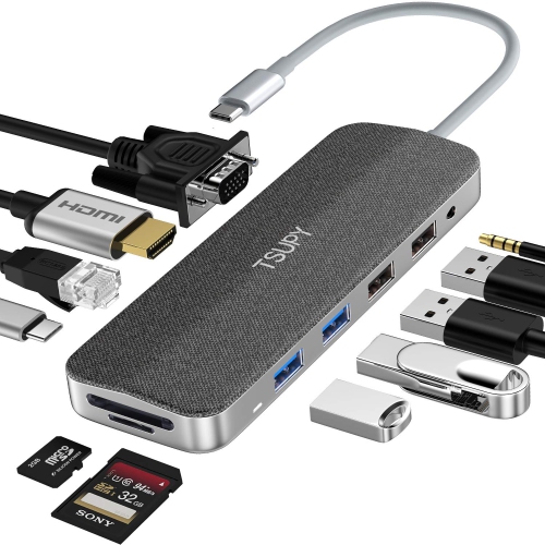 TSUPY USB C Hub 11 in 1 USB C to HDMI 4K Dual Display VGA Ethernet USB C PD100w 4 USB Audio Jack SD Micro SD Card Reader USB