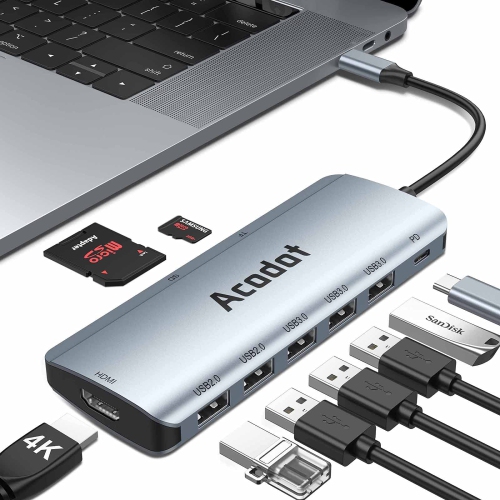 USB C Hub HDMI Adapter, Acodot 9 in 1 Portable Dongle with 4K HDMI Output, USB C Charging, 3 USB 3.0, 2 USB 2.0, SD/TF Card