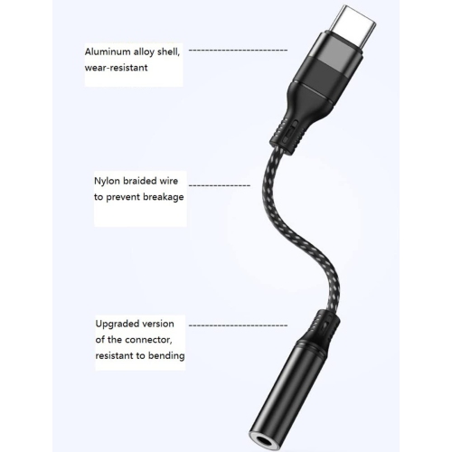 Adaptateur USB-C à prise audio de 3,5 mm tressé pour écouteurs, câble à clé auxiliaire durable pour Samsung, Google, OnePlus