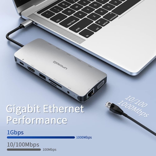 Station d'accueil USB-C, concentrateur USB-C 13-en-1 UPGROW avec 4K ports HDMI, VGA, USB 3,0 et 2,0, USB-C/F, chargeur PD, SD/TF, RJ45, Auxiliaire,