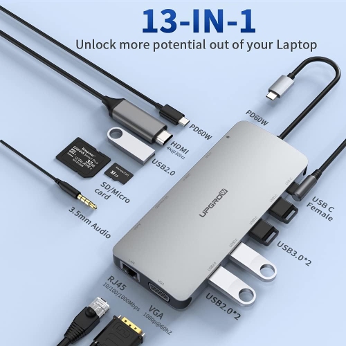 Station d'accueil USB-C, concentrateur USB-C 13-en-1 UPGROW avec 4K ports HDMI, VGA, USB 3,0 et 2,0, USB-C/F, chargeur PD, SD/TF, RJ45, Auxiliaire,