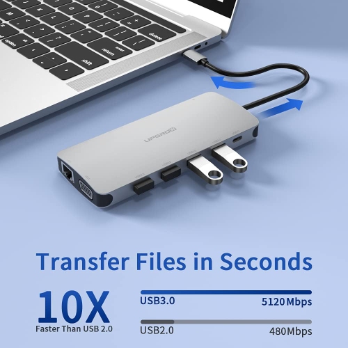 Station d'accueil USB-C, concentrateur USB-C 13-en-1 UPGROW avec 4K ports HDMI, VGA, USB 3,0 et 2,0, USB-C/F, chargeur PD, SD/TF, RJ45, Auxiliaire,