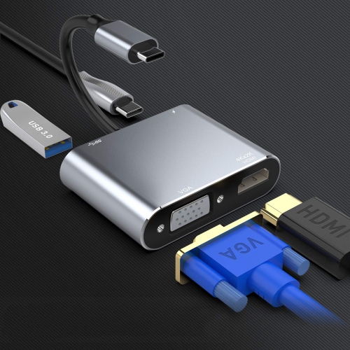 USB C to VGA HDMI Adapter, Rocketek USB 3.0 Type C to 4K HDMI VGA USB 3.0 USB C PD Charging Multiport Hub Ad